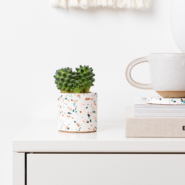 Small white plant pot with terrazzo chips on a desk. The planter is next a to stack of books and a coffee mug in a neutral setting, with a cactus placed inside the pot.